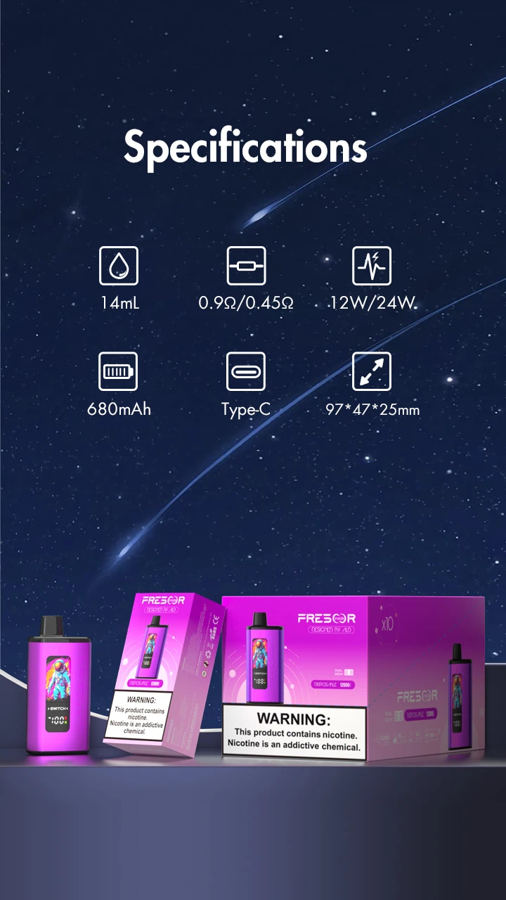 Specifications Model No: ABAC4703-A Brand: White Label/OEM E-liquid Capacity: 14mL Resistance: 0.9Ω/0.45Ω Power Wattage: 12W/24W Battery Capacity: 680mAh Size: 97*47*25mm Charging port: Type-C