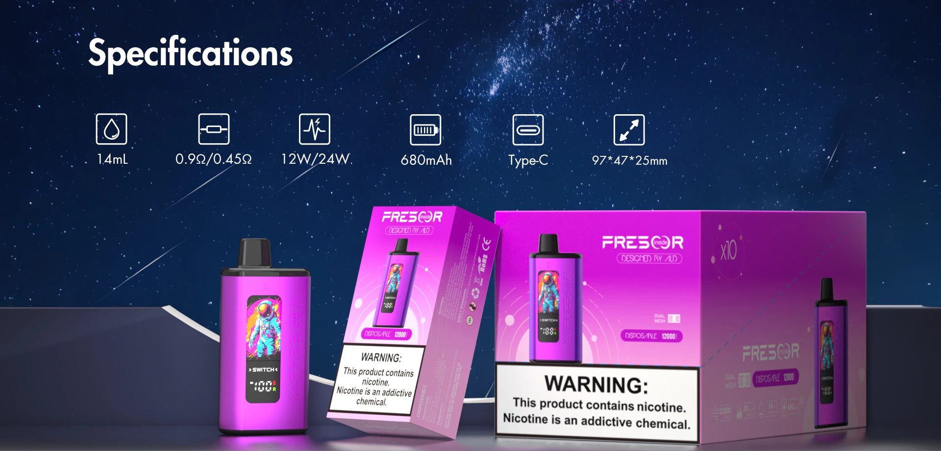 Specifications Model No: ABAC4703-A Brand: White Label/OEM E-liquid Capacity: 14mL Resistance: 0.9Ω/0.45Ω Power Wattage: 12W/24W Battery Capacity: 680mAh Size: 97*47*25mm Charging port: Type-C