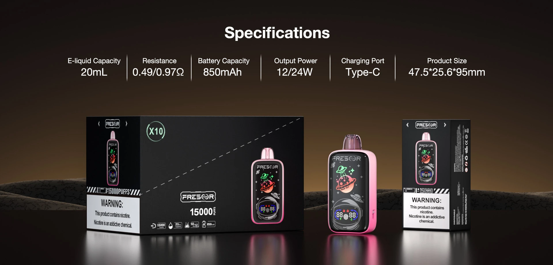 Specifications: Model No: AH4807-B Brand: OEM/ODM E-liquid Capacity: 20mL Resistance: 0.49Ω/0.97Ω Battery Capacity: 850mAh Output Power: 12/24W Charging Port: Type-C Product Size: 47.5*25.5*95mm