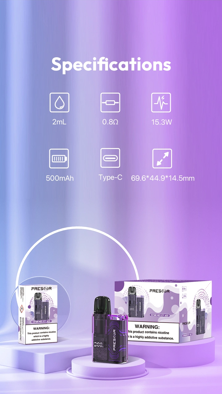 Specifications: Model No: ABAC4502-A Brand: OEM/ODM E-liquid Capacity: 2mL Resistance: 0.8Ω Battery Capacity: 500mAh Output Power: 15.3W Charging Port: Type-C & Wireless Product Size: 69.6*44.9*14.5mm