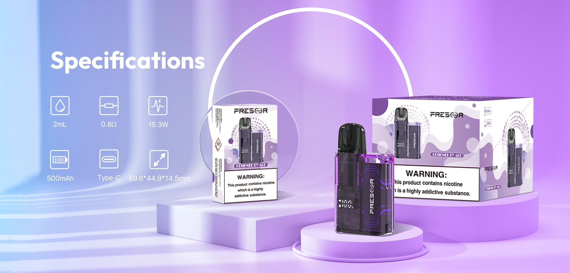 Specifications: Model No: ABAC4502-A Brand: OEM/ODM E-liquid Capacity: 2mL Resistance: 0.8Ω Battery Capacity: 500mAh Output Power: 15.3W Charging Port: Type-C & Wireless Product Size: 69.6*44.9*14.5mm