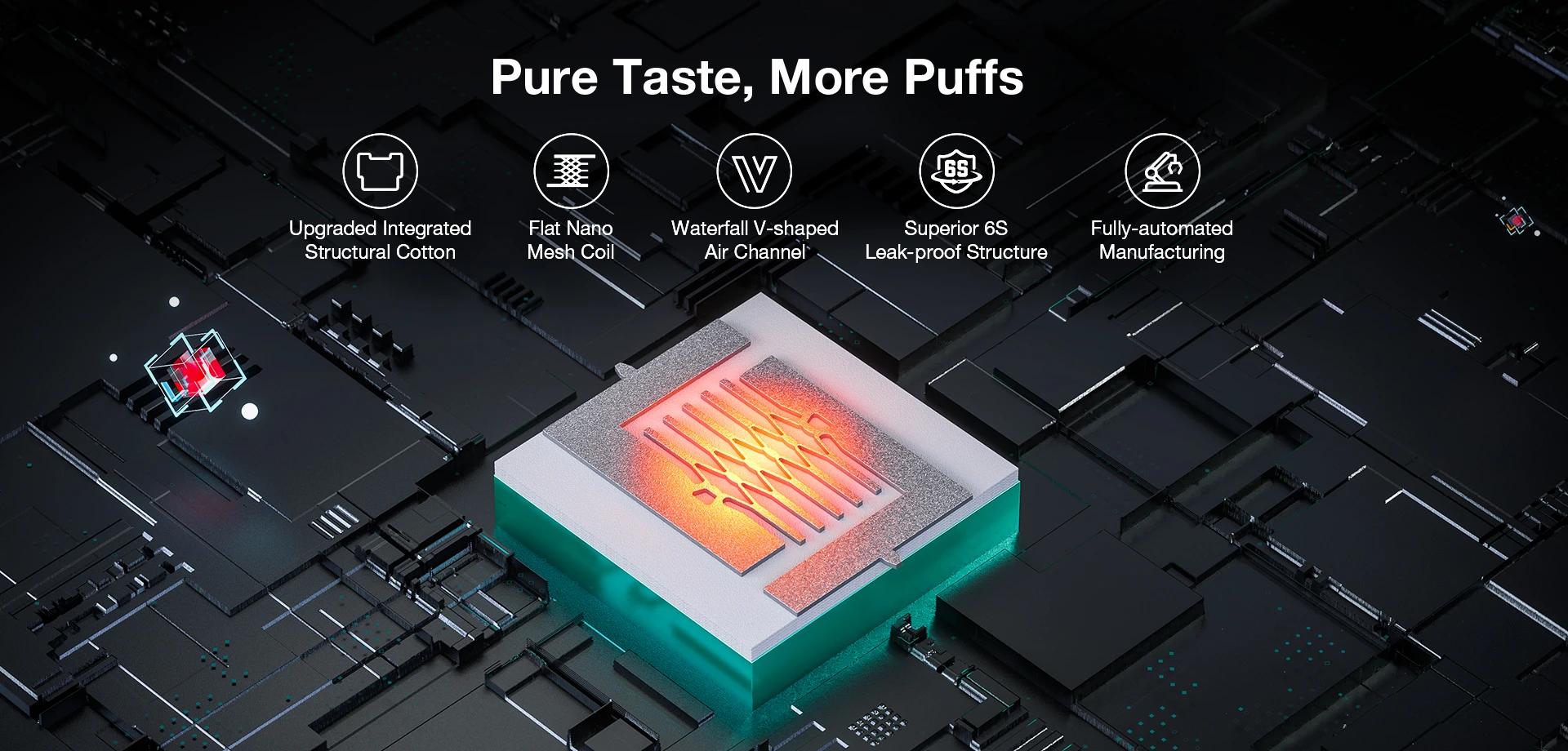 Powered By FRESOR NOVA Pure Taste, More Puffs  5-layered Composite Cotton Fiber Flat Mesh Coil Waterfall V-shaped Air Channel Superior 6S Leak-proof Structure Fully-automated Manufacturing